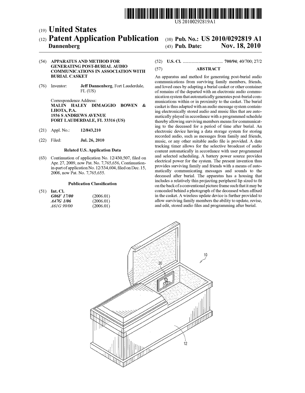 APPARATUS AND METHOD FOR GENERATING POST-BURIAL AUDIO COMMUNICATIONS IN ASSOCIATION WITH BURIAL CASKET - diagram, schematic, and image 01