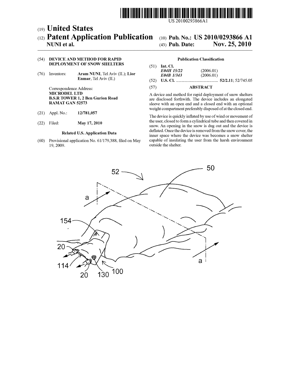 DEVICE AND METHOD FOR RAPID DEPLOYMENT OF SNOW SHELTERS - diagram, schematic, and image 01