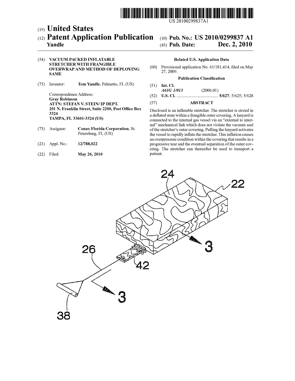 VACUUM PACKED INFLATABLE STRETCHER WITH FRANGIBLE OVERWRAP AND METHOD OF DEPLOYING SAME - diagram, schematic, and image 01