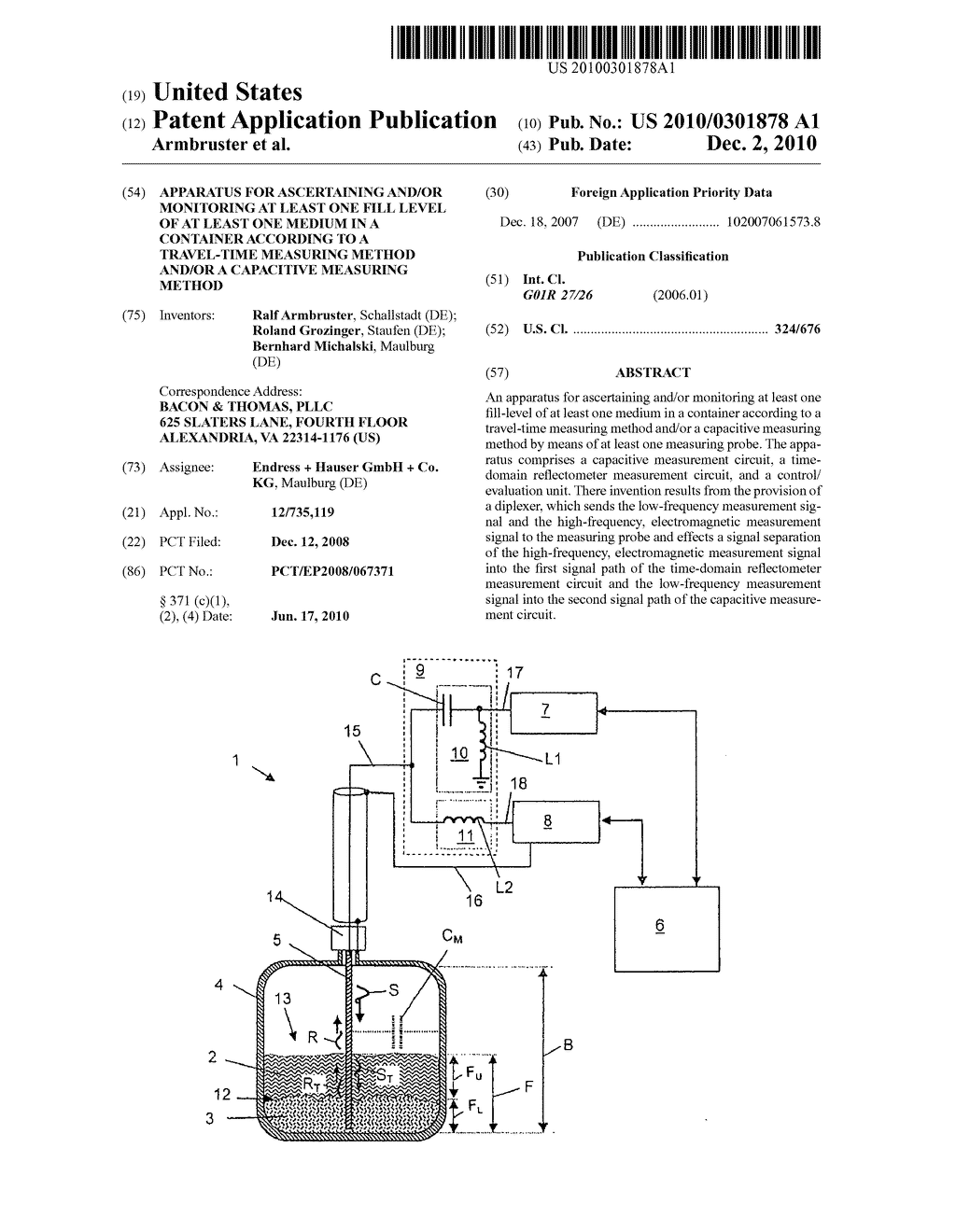 APPARATUS FOR ASCERTAINING AND/OR MONITORING AT LEAST ONE FILL LEVEL OF AT LEAST ONE MEDIUM IN A CONTAINER ACCORDING TO A TRAVEL-TIME MEASURING METHOD AND/OR A CAPACITIVE MEASURING METHOD - diagram, schematic, and image 01