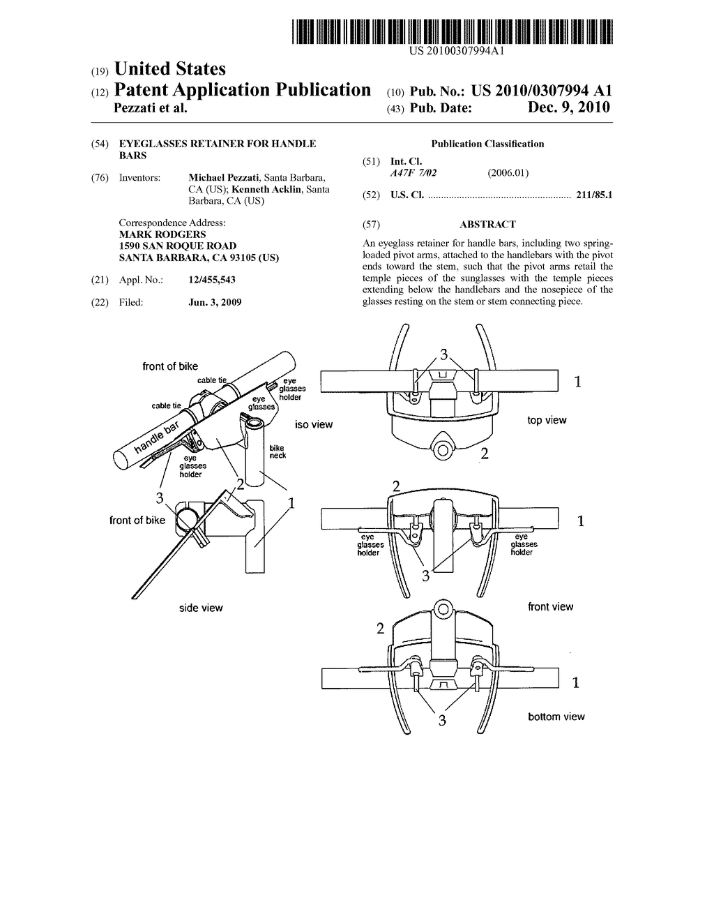 Eyeglasses retainer for handle bars - diagram, schematic, and image 01