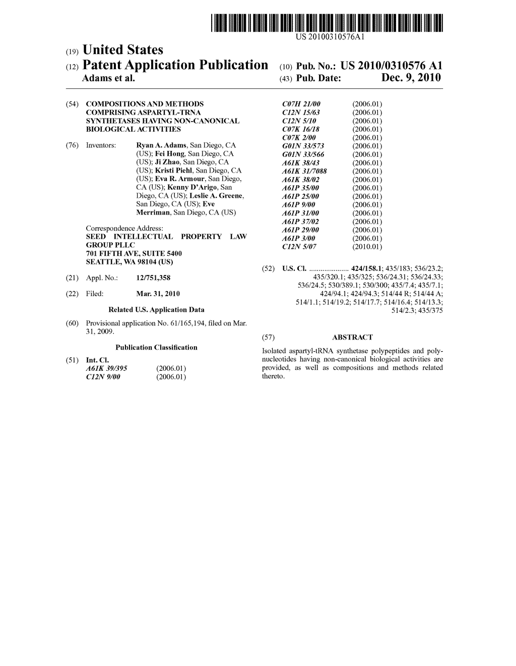 COMPOSITIONS AND METHODS COMPRISING ASPARTYL-tRNA SYNTHETASES HAVING NON-CANONICAL BIOLOGICAL ACTIVITIES - diagram, schematic, and image 01