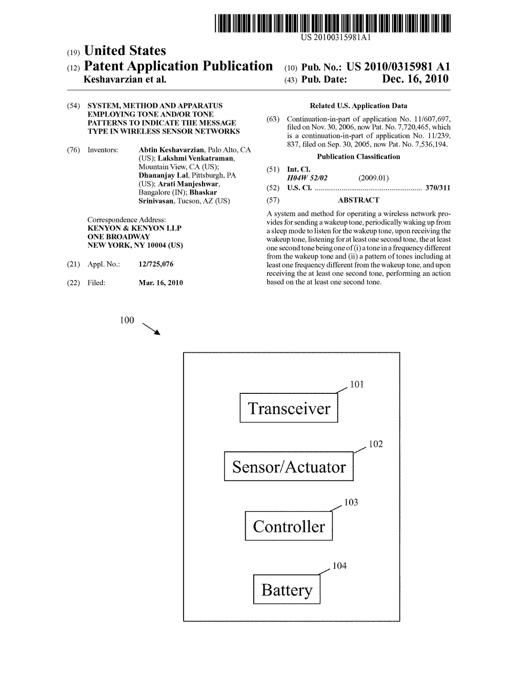 SYSTEM, METHOD AND APPARATUS EMPLOYING TONE AND/OR TONE PATTERNS TO INDICATE THE MESSAGE TYPE IN WIRELESS SENSOR NETWORKS - diagram, schematic, and image 01