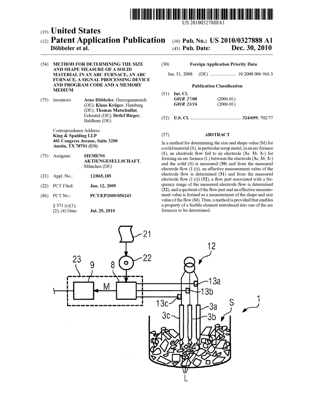 METHOD FOR DETERMINING THE SIZE AND SHAPE MEASURE OF A SOLID MATERIAL IN AN ARC FURNACE, AN ARC FURNACE, A SIGNAL PROCESSING DEVICE AND PROGRAM CODE AND A MEMORY MEDIUM - diagram, schematic, and image 01