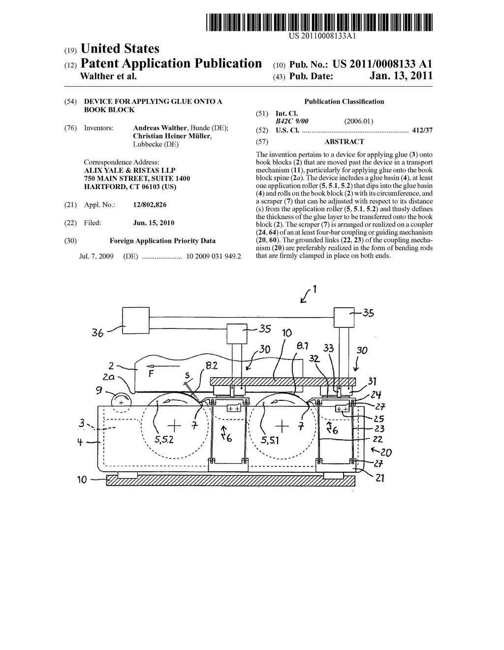 Device for applying glue onto a book block - diagram, schematic, and image 01