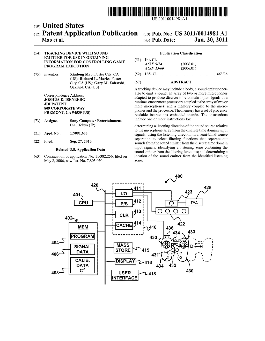 TRACKING DEVICE WITH SOUND EMITTER FOR USE IN OBTAINING INFORMATION FOR CONTROLLING GAME PROGRAM EXECUTION - diagram, schematic, and image 01