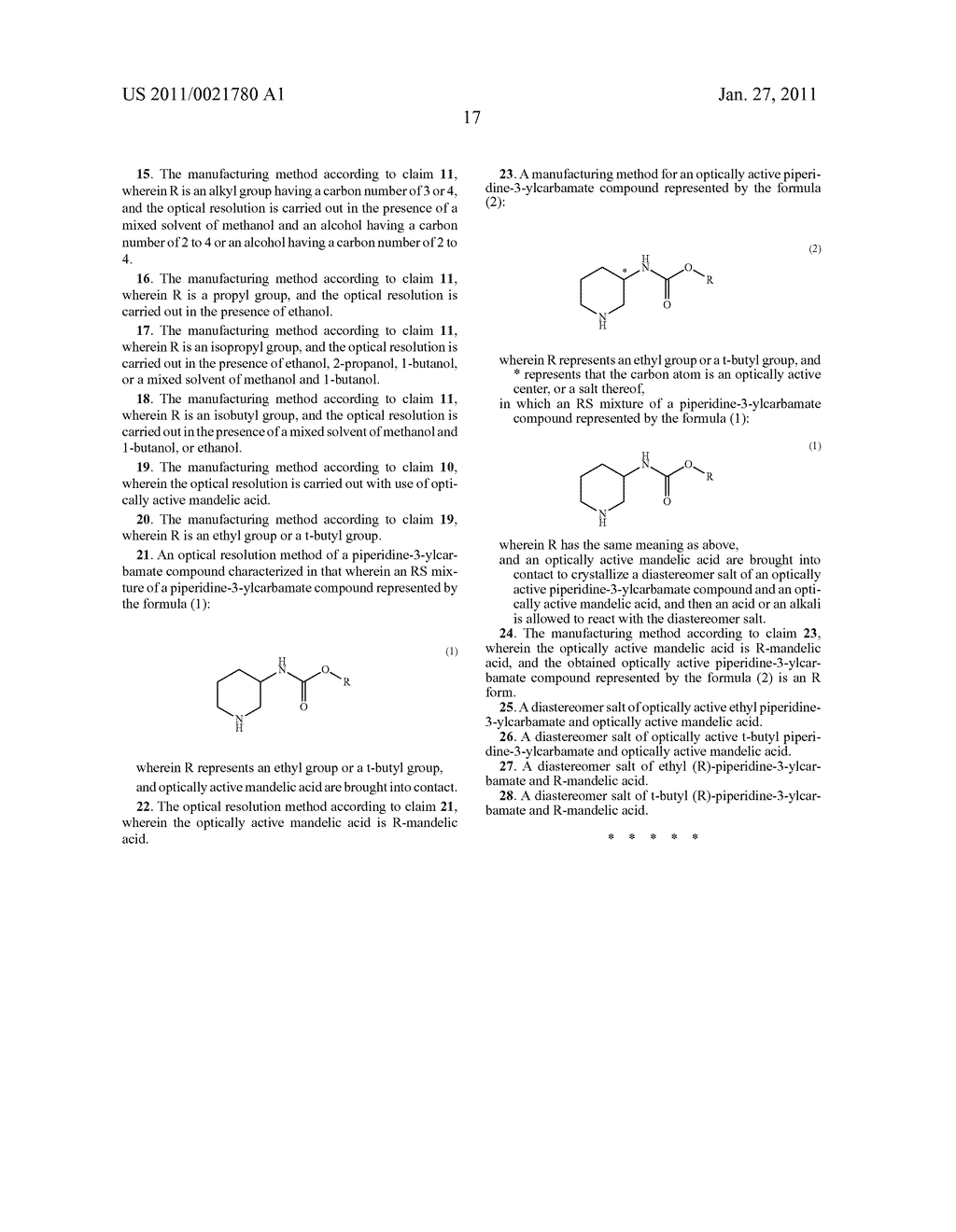 MANUFACTURING METHOD FOR A PIPERIDINE-3-YLCARBAMATE COMPOUND AND OPTICAL RESOLUTION METHOD THEREFOR - diagram, schematic, and image 18