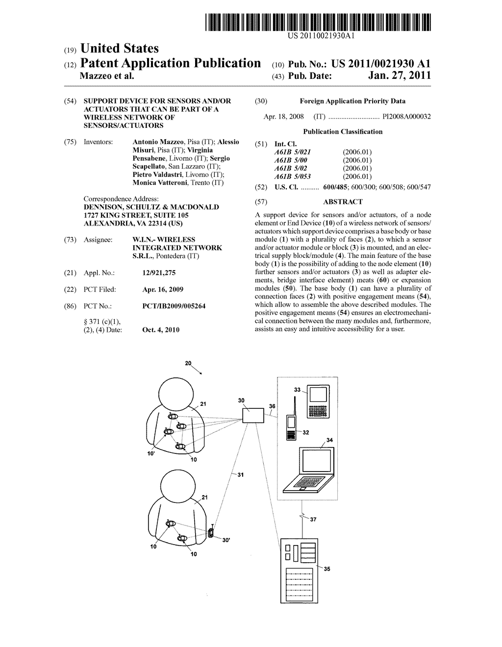 SUPPORT DEVICE FOR SENSORS AND/OR ACTUATORS THAT CAN BE PART OF A WIRELESS NETWORK OF SENSORS/ACTUATORS - diagram, schematic, and image 01