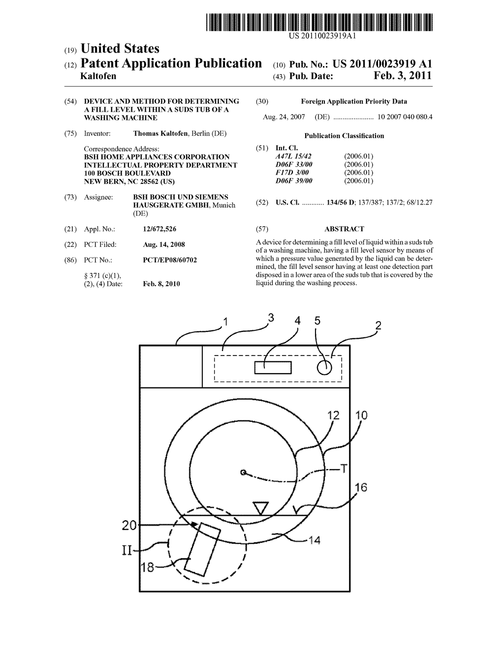DEVICE AND METHOD FOR DETERMINING A FILL LEVEL WITHIN A SUDS TUB OF A WASHING MACHINE - diagram, schematic, and image 01