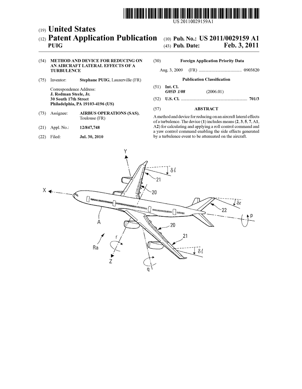 METHOD AND DEVICE FOR REDUCING ON AN AIRCRAFT LATERAL EFFECTS OF A TURBULENCE - diagram, schematic, and image 01