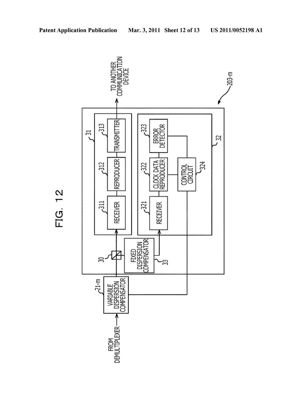 OPTICAL TRANSMISSION DEVICE, TRANSMISSION AND RECEPTION MODULE, OPTICAL TRANSMISSION SYSTEM, AND WAVELENGTH DISPERSION COMPENSATION METHOD IN OPTICAL TRANSMISSION DEVICE - diagram, schematic, and image 13