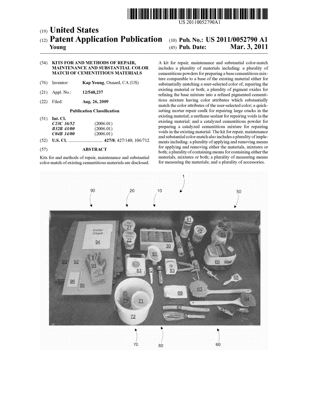 KITS FOR AND METHODS OF REPAIR, MAINTENANCE AND SUBSTANTIAL COLOR MATCH OF CEMENTITIOUS MATERIALS - diagram, schematic, and image 01