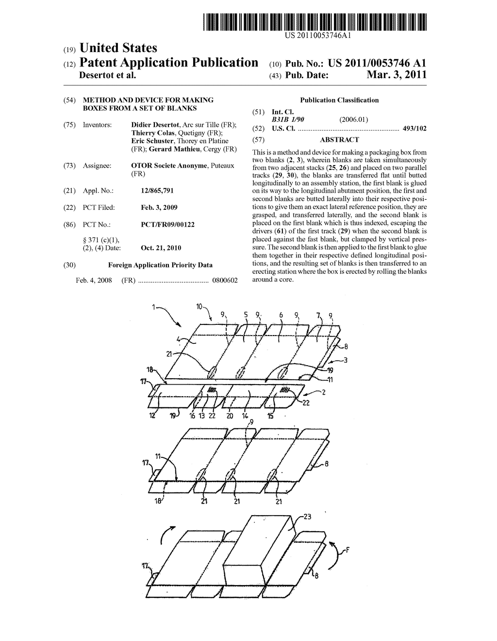 METHOD AND DEVICE FOR MAKING BOXES FROM A SET OF BLANKS - diagram, schematic, and image 01