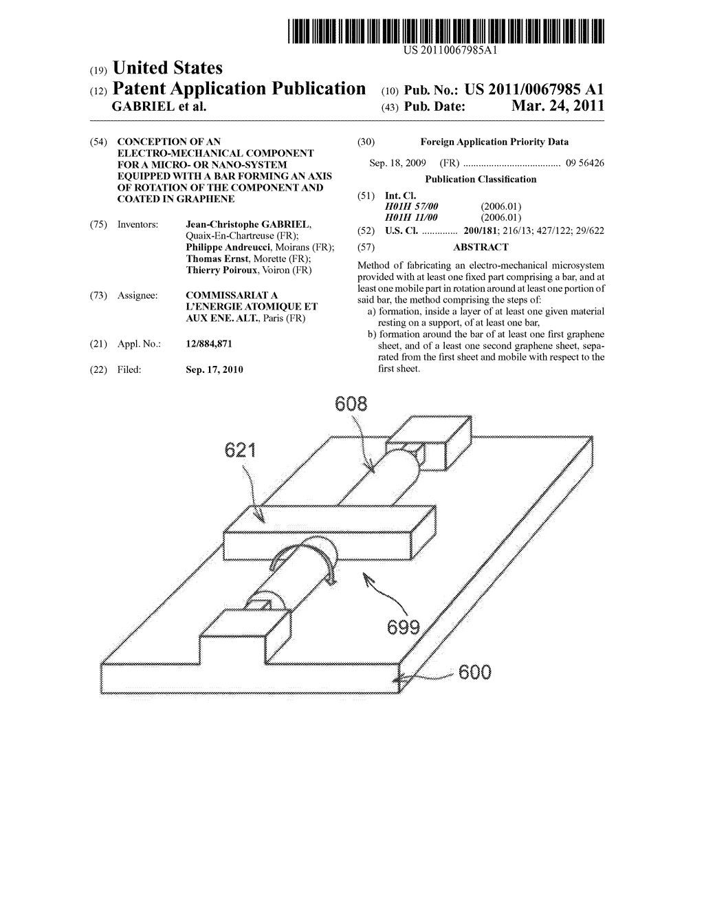 CONCEPTION OF AN ELECTRO-MECHANICAL COMPONENT FOR A MICRO- OR NANO-SYSTEM EQUIPPED WITH A BAR FORMING AN AXIS OF ROTATION OF THE COMPONENT AND COATED IN GRAPHENE - diagram, schematic, and image 01