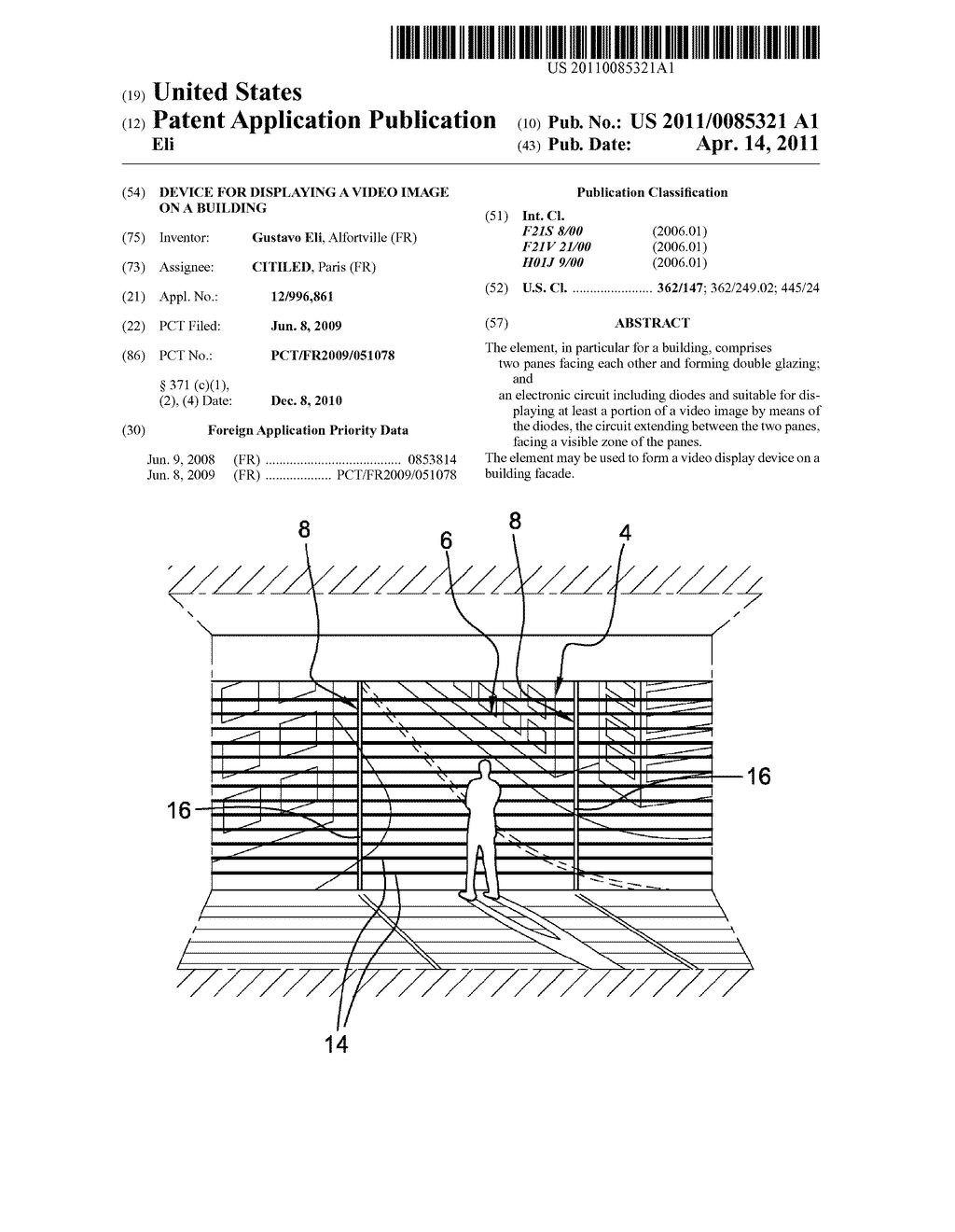 DEVICE FOR DISPLAYING A VIDEO IMAGE ON A BUILDING - diagram, schematic, and image 01