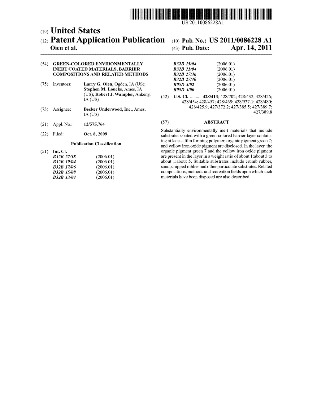 Green-Colored Environmentally Inert Coated Materials, Barrier Compositions and Related Methods - diagram, schematic, and image 01