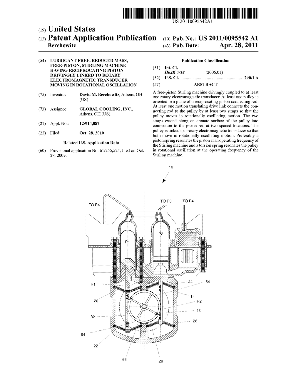 LUBRICANT FREE, REDUCED MASS, FREE-PISTON, STIRLING MACHINE HAVING RECIPROCATING PISTON DRIVINGLY LINKED TO ROTARY ELECTROMAGNETIC TRANSDUCER MOVING IN ROTATIONAL OSCILLATION - diagram, schematic, and image 01