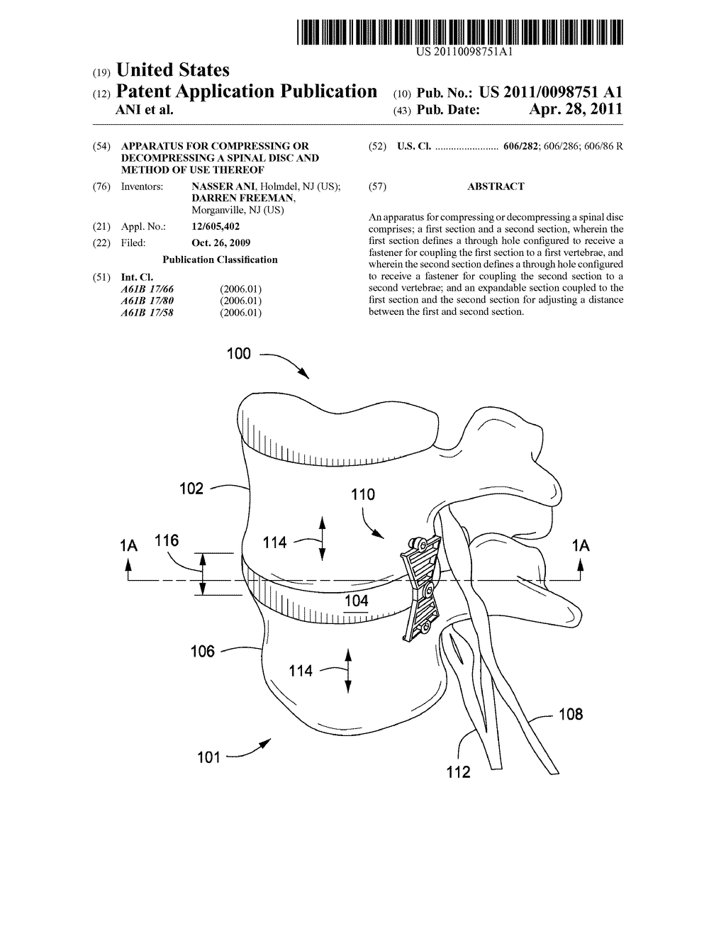 APPARATUS FOR COMPRESSING OR DECOMPRESSING A SPINAL DISC AND METHOD OF USE THEREOF - diagram, schematic, and image 01