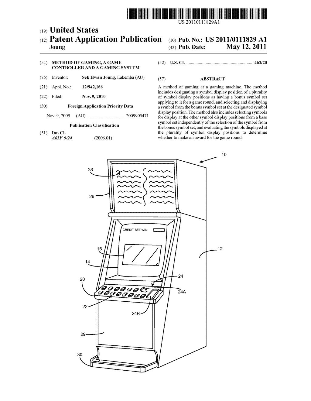 METHOD OF GAMING, A GAME CONTROLLER AND A GAMING SYSTEM - diagram, schematic, and image 01