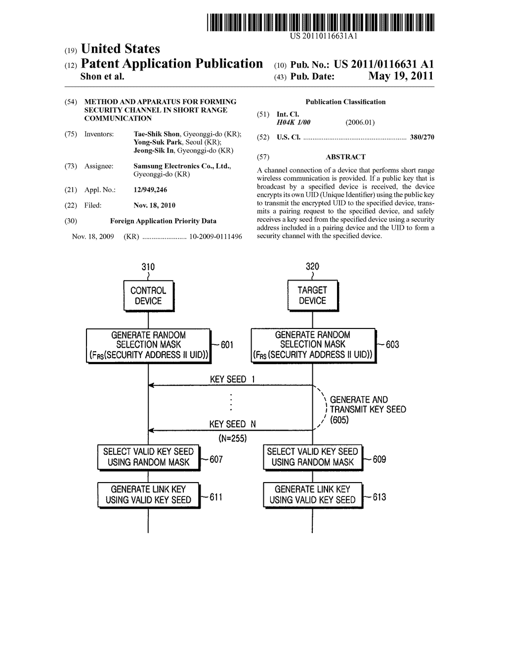 METHOD AND APPARATUS FOR FORMING SECURITY CHANNEL IN SHORT RANGE COMMUNICATION - diagram, schematic, and image 01