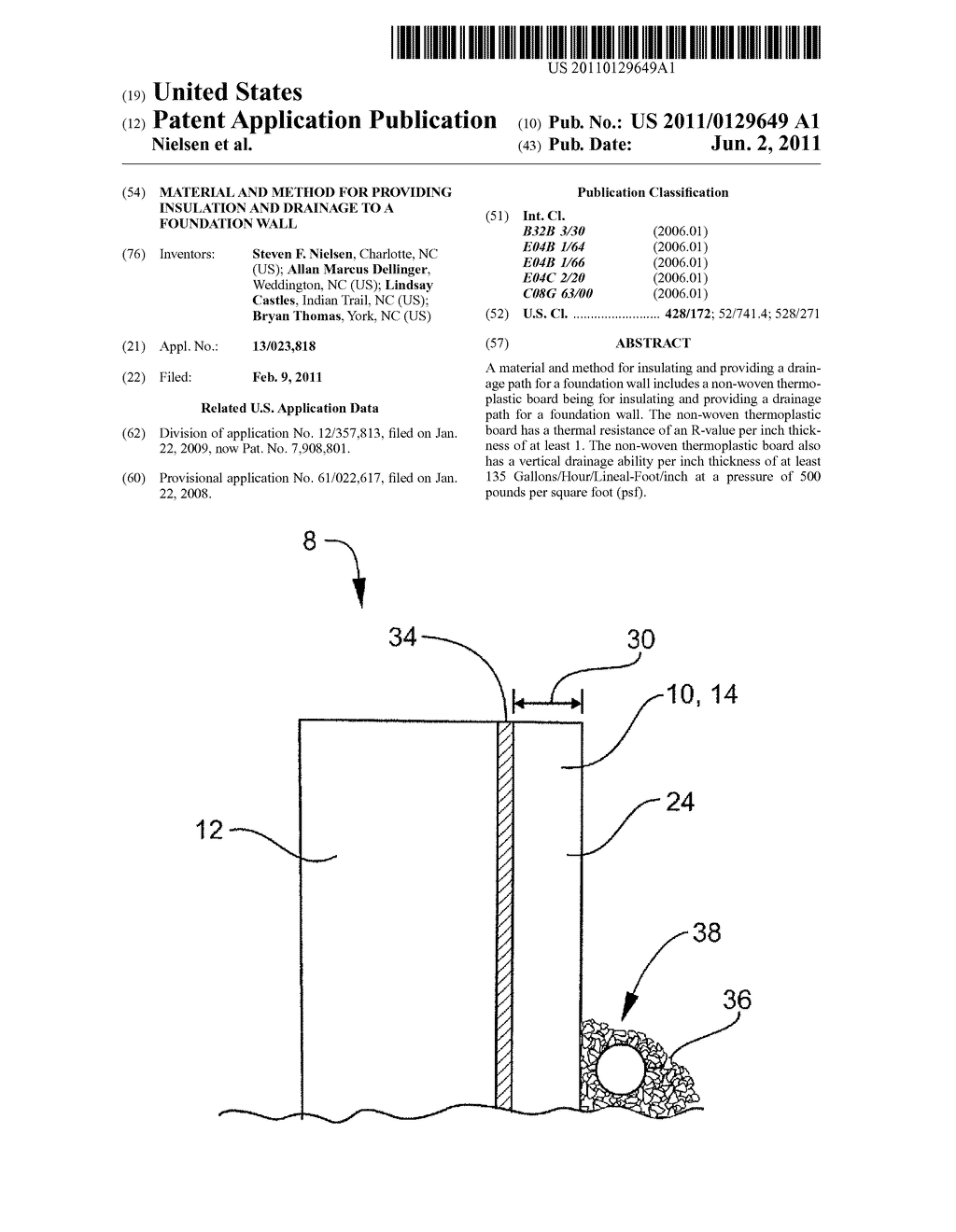 MATERIAL AND METHOD FOR PROVIDING INSULATION AND DRAINAGE TO A FOUNDATION     WALL - diagram, schematic, and image 01