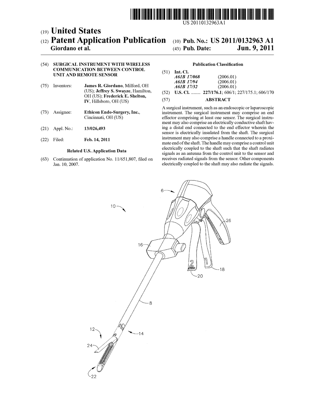 SURGICAL INSTRUMENT WITH WIRELESS COMMUNICATION BETWEEN CONTROL UNIT AND     REMOTE SENSOR - diagram, schematic, and image 01