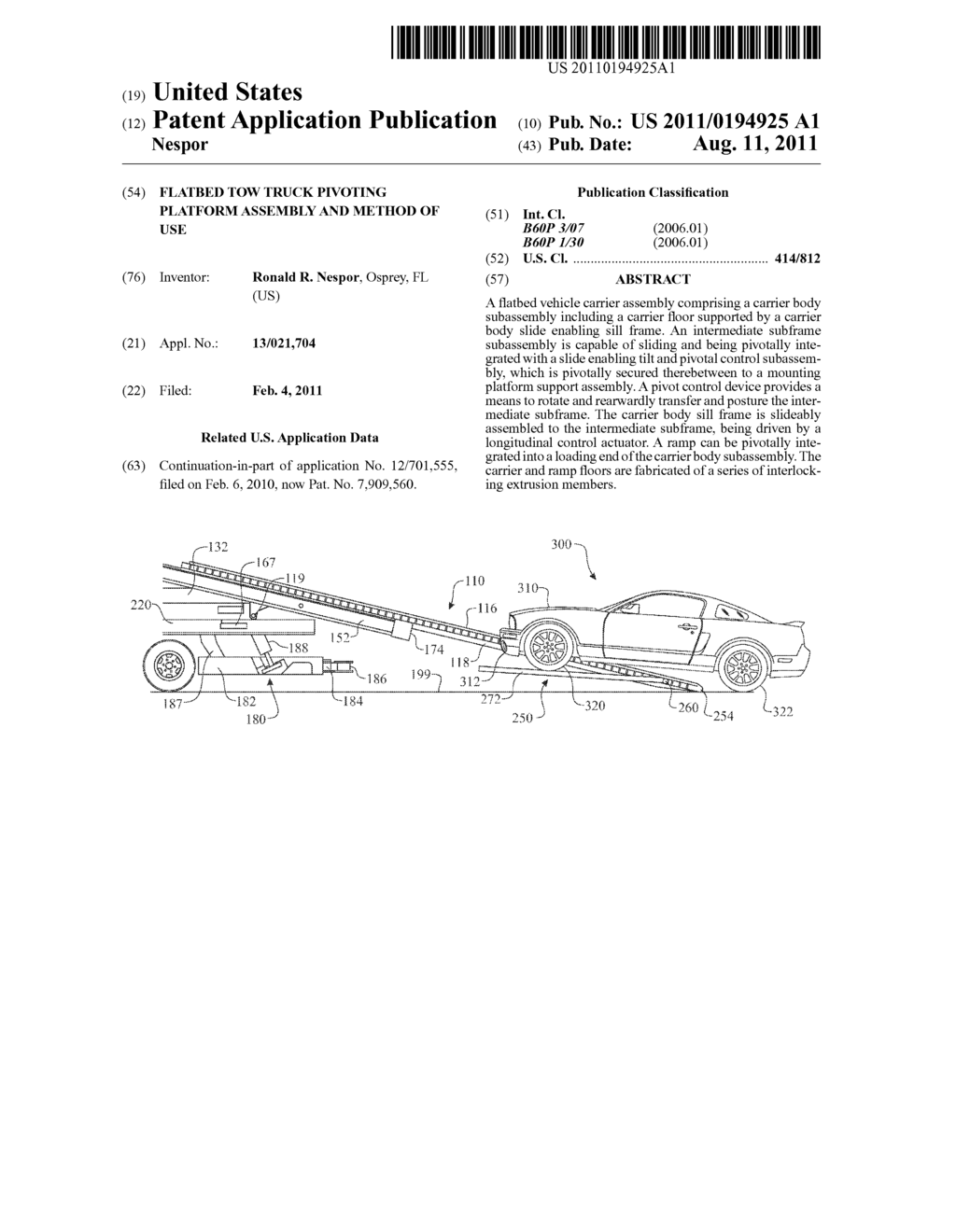 FLATBED TOW TRUCK PIVOTING PLATFORM ASSEMBLY AND METHOD OF USE - diagram, schematic, and image 01