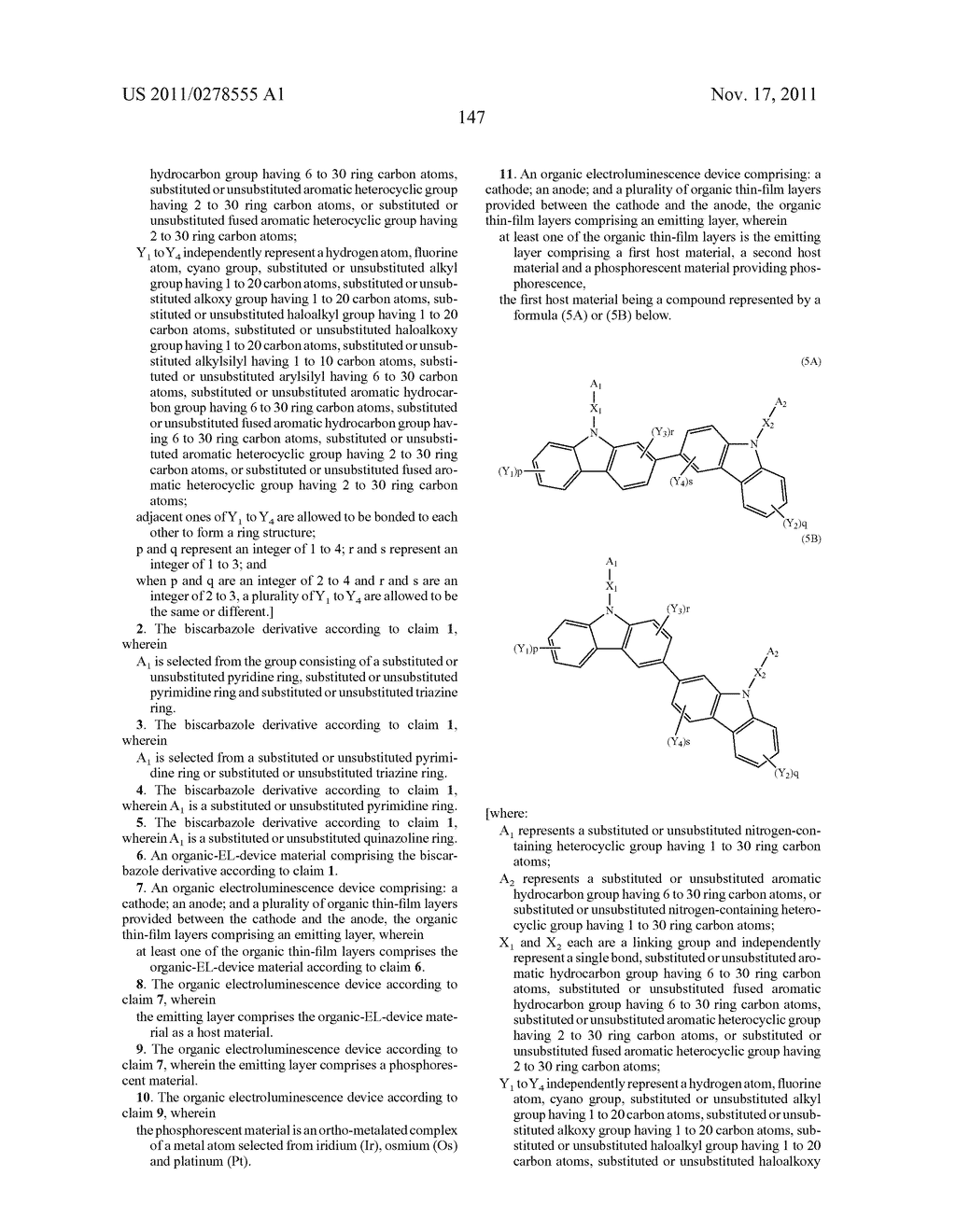 BISCARBAZOLE DERIVATIVE, MATERIAL FOR ORGANIC ELECTROLUMINESCENCE DEVICE     AND ORGANIC ELECTROLUMINESCENCE DEVICE USING THE SAME - diagram, schematic, and image 149