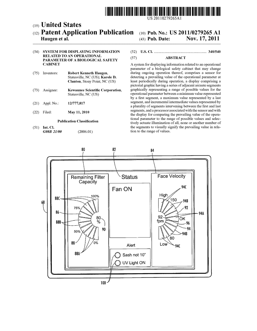 SYSTEM FOR DISPLAYING INFORMATION RELATED TO AN OPERATIONAL PARAMETER OF A     BIOLOGICAL SAFETY CABINET - diagram, schematic, and image 01