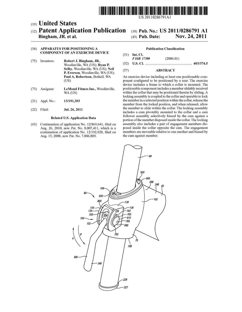 APPARATUS FOR POSITIONING A COMPONENT OF AN EXERCISE DEVICE - diagram, schematic, and image 01