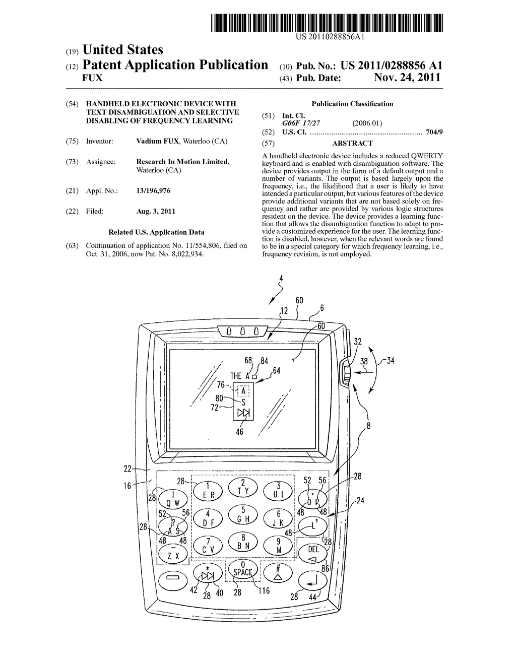 HANDHELD ELECTRONIC DEVICE WITH TEXT DISAMBIGUATION AND SELECTIVE     DISABLING OF FREQUENCY LEARNING - diagram, schematic, and image 01