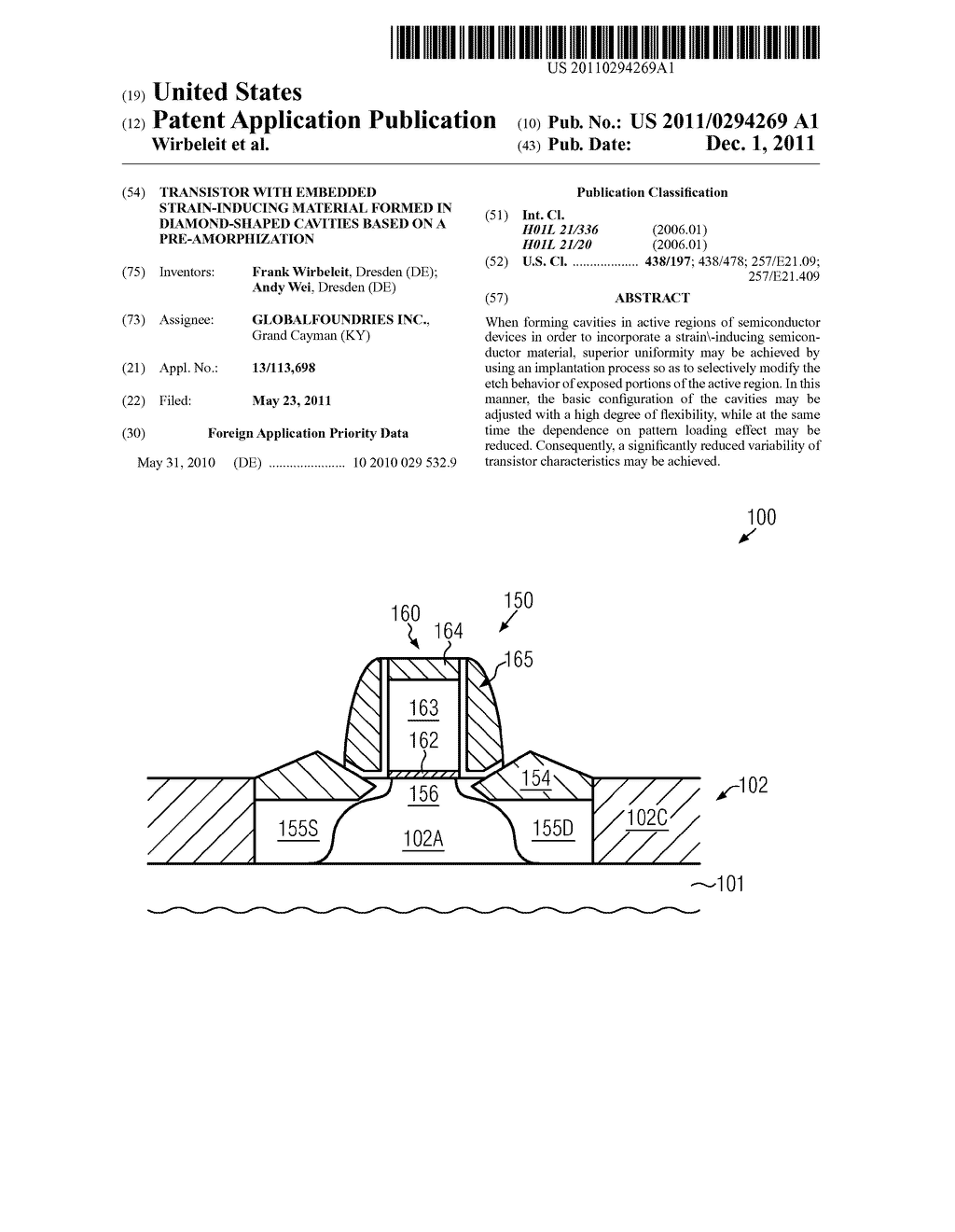 Transistor With Embedded Strain-Inducing Material Formed in Diamond-Shaped     Cavities Based on a Pre-Amorphization - diagram, schematic, and image 01