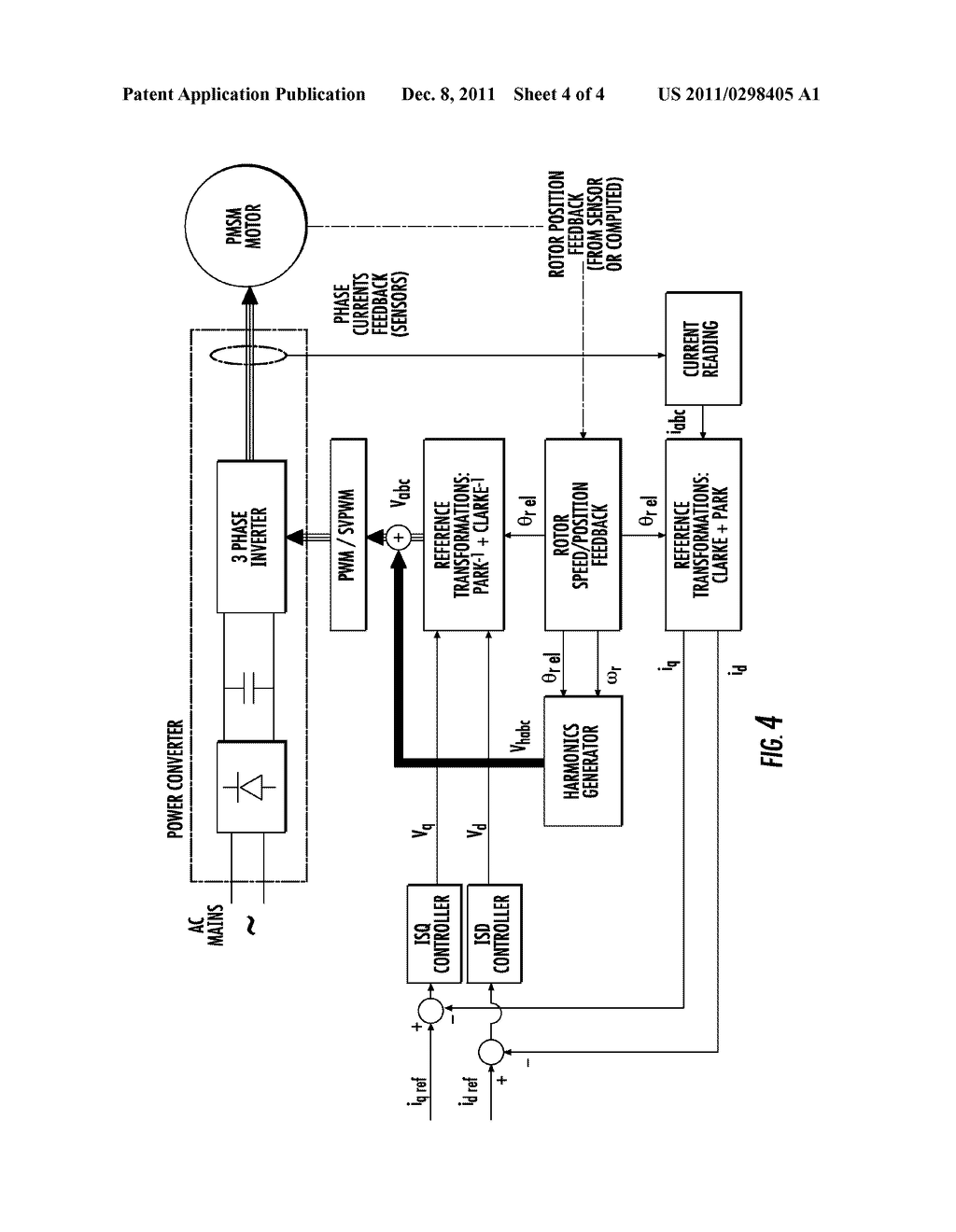 METHOD OF CONTROLLING A THREE-PHASE PERMANENT MAGNET SYNCHRONOUS MOTOR FOR     REDUCING ACOUSTIC NOISE AND RELATIVE CONTROL DEVICE - diagram, schematic, and image 05