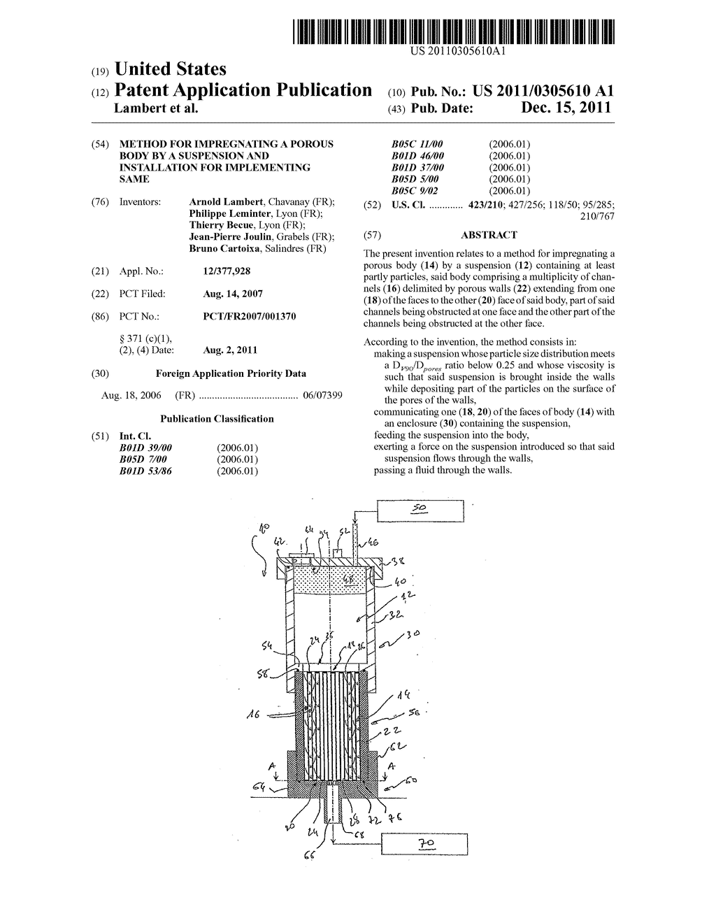 METHOD FOR IMPREGNATING A POROUS BODY BY A SUSPENSION AND INSTALLATION FOR     IMPLEMENTING SAME - diagram, schematic, and image 01