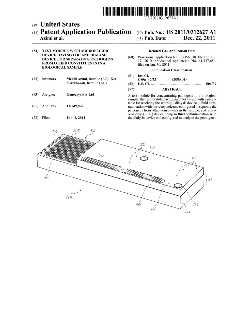 TEST MODULE WITH MICROFLUIDIC DEVICE HAVING LOC AND DIALYSIS DEVICE FOR     SEPARATING PATHOGENS FROM OTHER CONSTITUENTS IN A BIOLOGICAL SAMPLE - diagram, schematic, and image 01