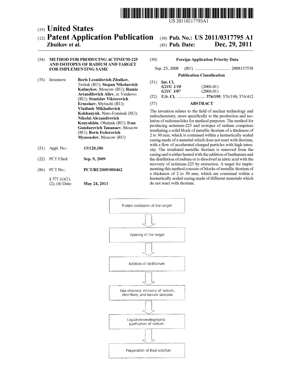 METHOD FOR PRODUCING ACTINIUM-225 AND ISOTOPES OF RADIUM AND TARGET FOR     IMPLEMENTING SAME - diagram, schematic, and image 01