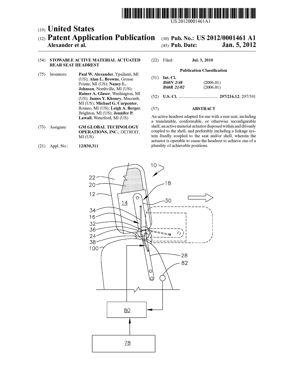 STOWABLE ACTIVE MATERIAL ACTUATED REAR SEAT HEADREST - diagram, schematic, and image 01