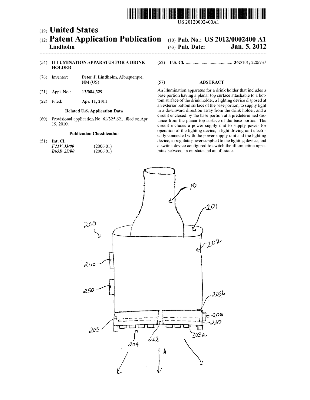 ILLUMINATION APPARATUS FOR A DRINK HOLDER - diagram, schematic, and image 01