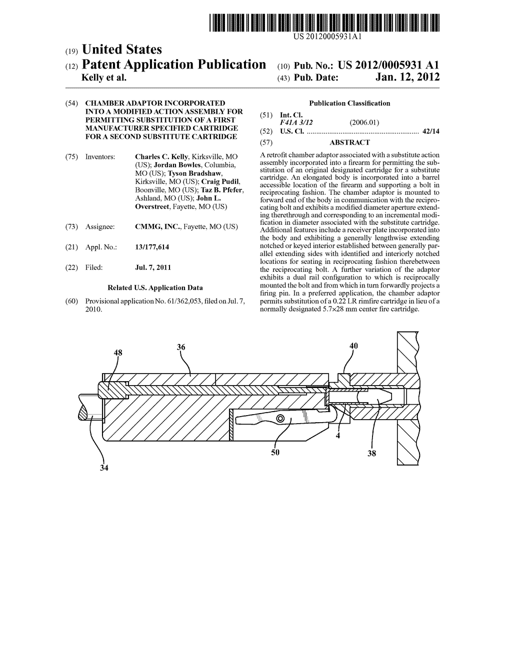CHAMBER ADAPTOR INCORPORATED INTO A MODIFIED ACTION ASSEMBLY FOR     PERMITTING SUBSTITUTION OF A FIRST MANUFACTURER SPECIFIED CARTRIDGE FOR A     SECOND SUBSTITUTE CARTRIDGE - diagram, schematic, and image 01