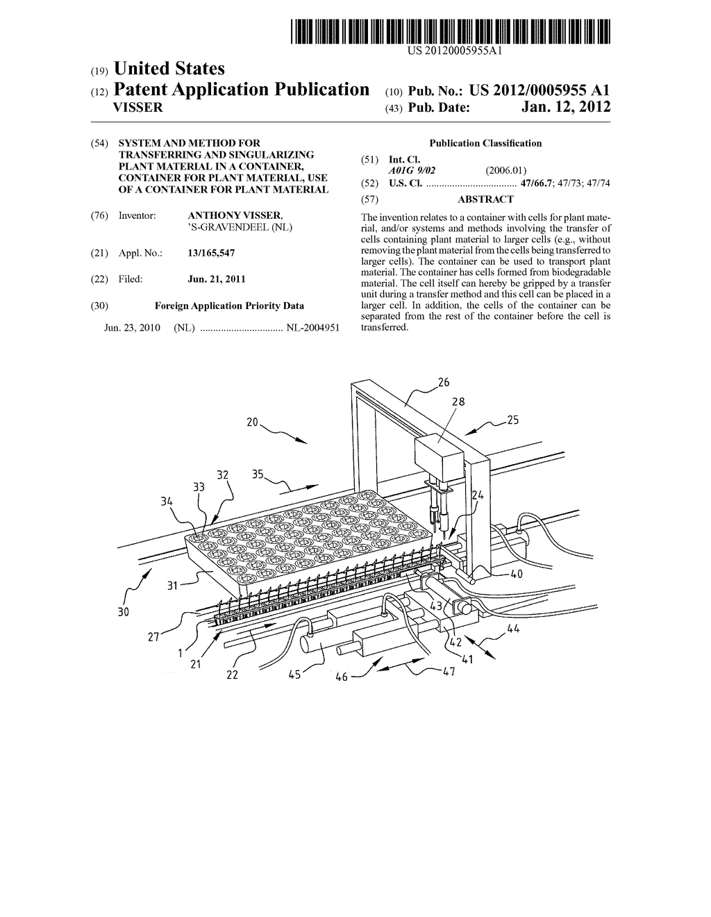 SYSTEM AND METHOD FOR TRANSFERRING AND SINGULARIZING PLANT MATERIAL IN A     CONTAINER, CONTAINER FOR PLANT MATERIAL, USE OF A CONTAINER FOR PLANT     MATERIAL - diagram, schematic, and image 01