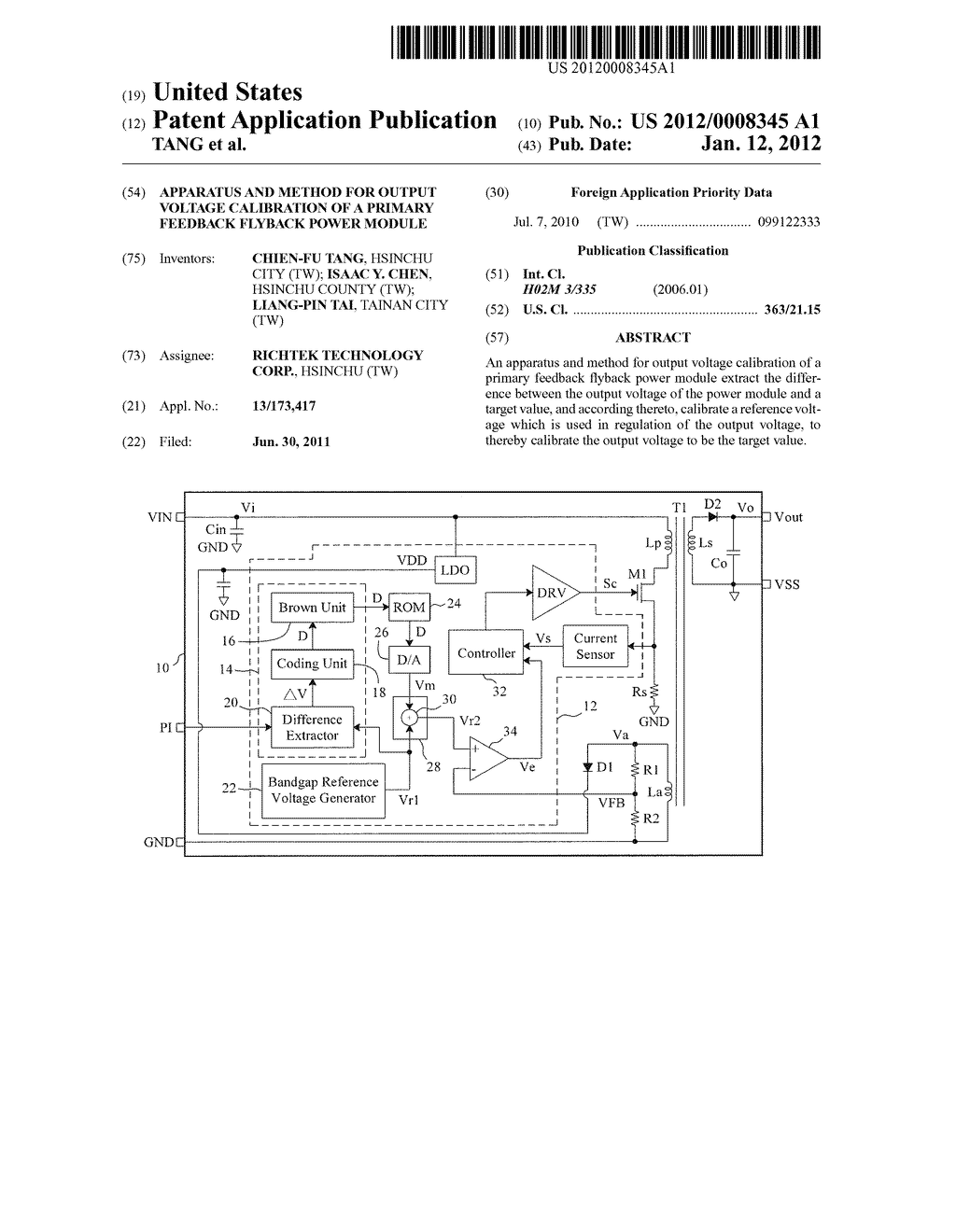 APPARATUS AND METHOD FOR OUTPUT VOLTAGE CALIBRATION OF A PRIMARY FEEDBACK     FLYBACK POWER MODULE - diagram, schematic, and image 01