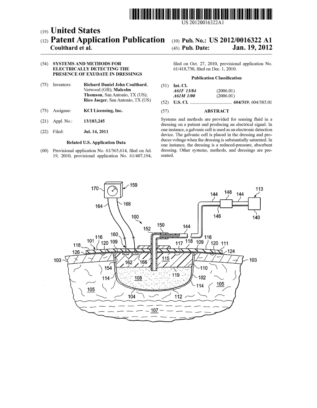 SYSTEMS AND METHODS FOR ELECTRICALLY DETECTING THE PRESENCE OF EXUDATE IN     DRESSINGS - diagram, schematic, and image 01