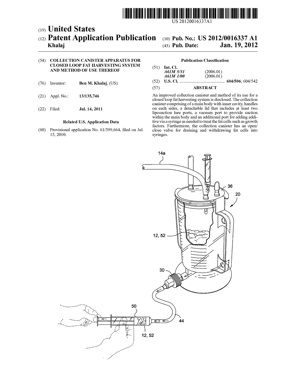 Collection canister apparatus for closed loop fat harvesting system and     method of use thereof - diagram, schematic, and image 01