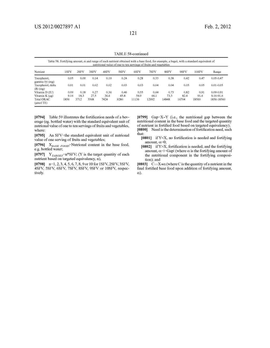 Methods For Quantifying The Complete Nutritional Value Of A Standard     Equivalent Unit Of The Nutritional Value Of One Serving Of Fruits &     Vegetables (SFV)And For Fortifying A Base Food To Contain Same For Human     Consumption - diagram, schematic, and image 122