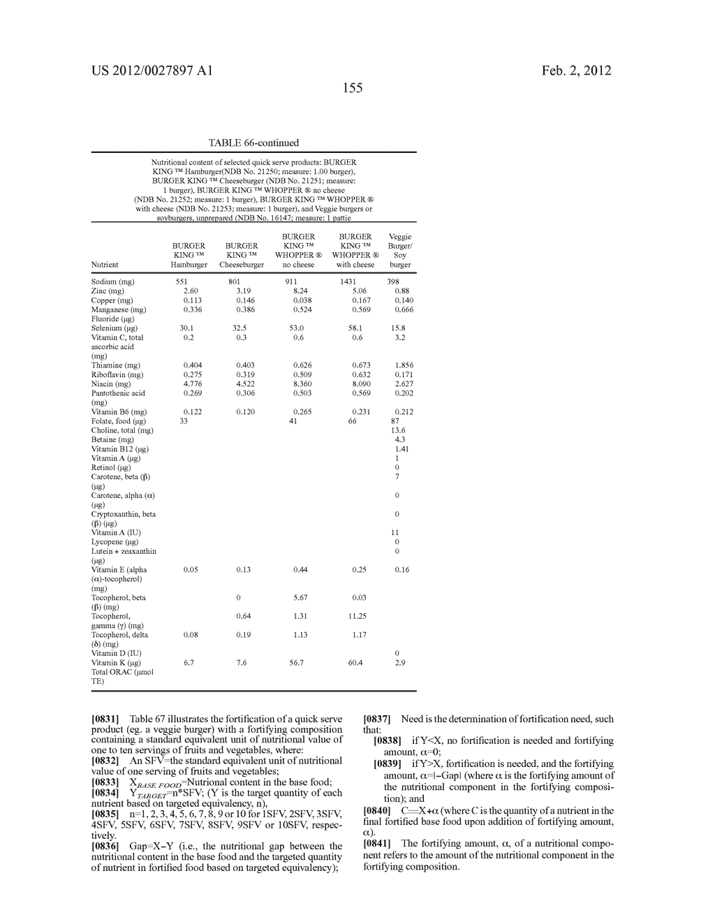 Methods For Quantifying The Complete Nutritional Value Of A Standard     Equivalent Unit Of The Nutritional Value Of One Serving Of Fruits &     Vegetables (SFV)And For Fortifying A Base Food To Contain Same For Human     Consumption - diagram, schematic, and image 156