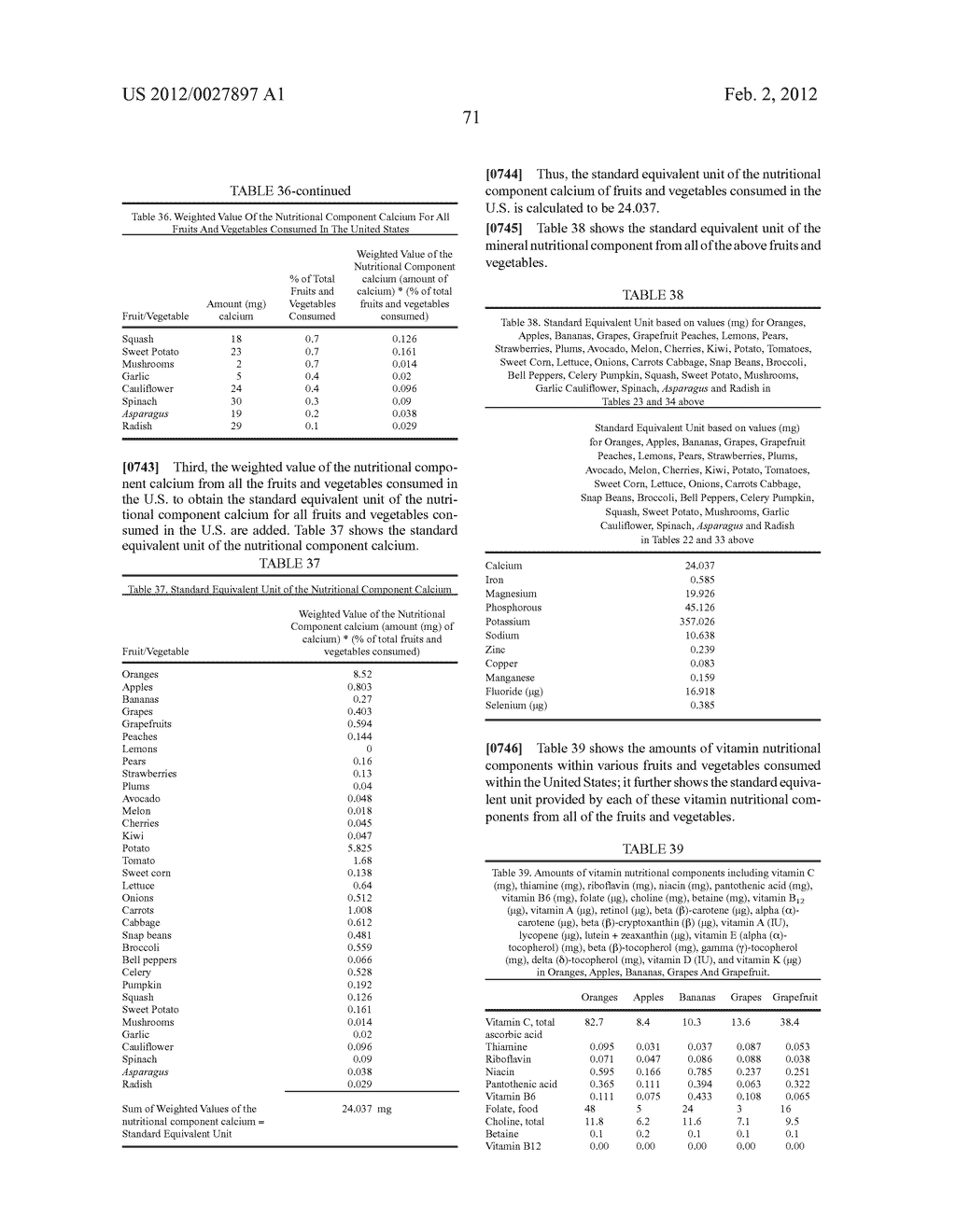 Methods For Quantifying The Complete Nutritional Value Of A Standard     Equivalent Unit Of The Nutritional Value Of One Serving Of Fruits &     Vegetables (SFV)And For Fortifying A Base Food To Contain Same For Human     Consumption - diagram, schematic, and image 72