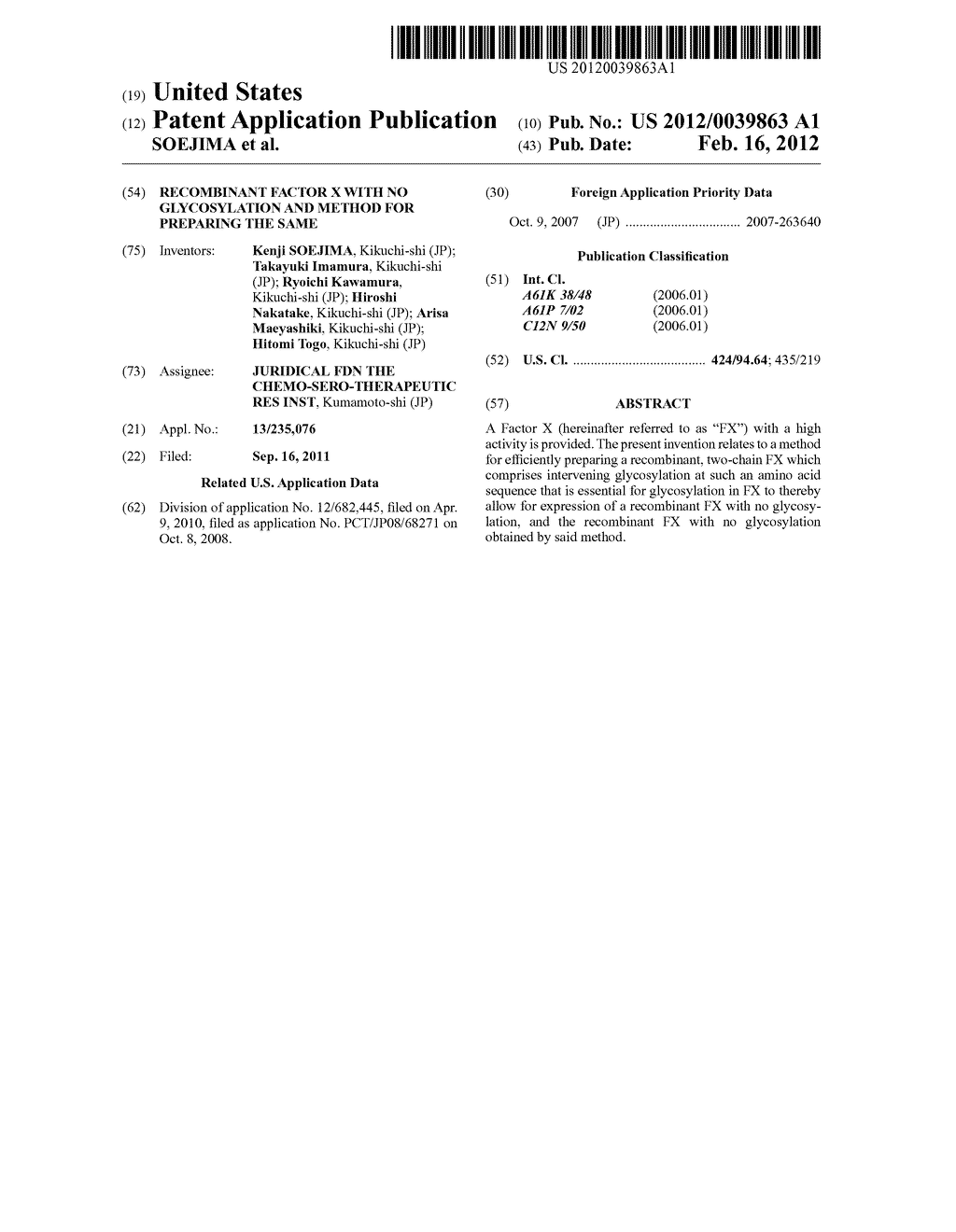 RECOMBINANT FACTOR X WITH NO GLYCOSYLATION AND METHOD FOR PREPARING THE     SAME - diagram, schematic, and image 01