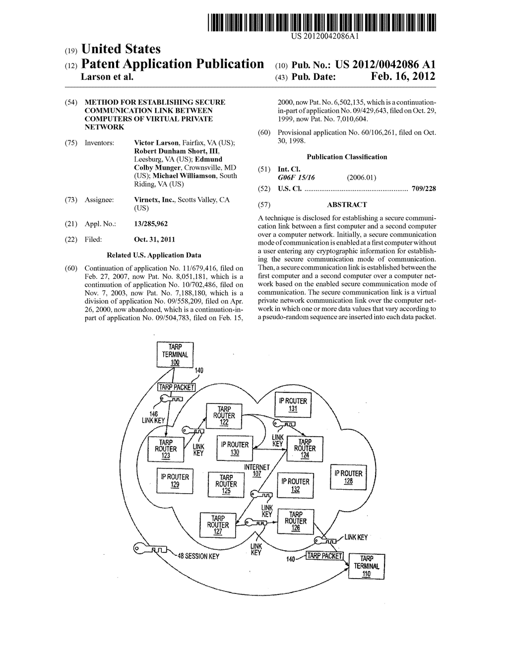 METHOD FOR ESTABLISHING SECURE COMMUNICATION LINK BETWEEN COMPUTERS OF     VIRTUAL PRIVATE NETWORK - diagram, schematic, and image 01