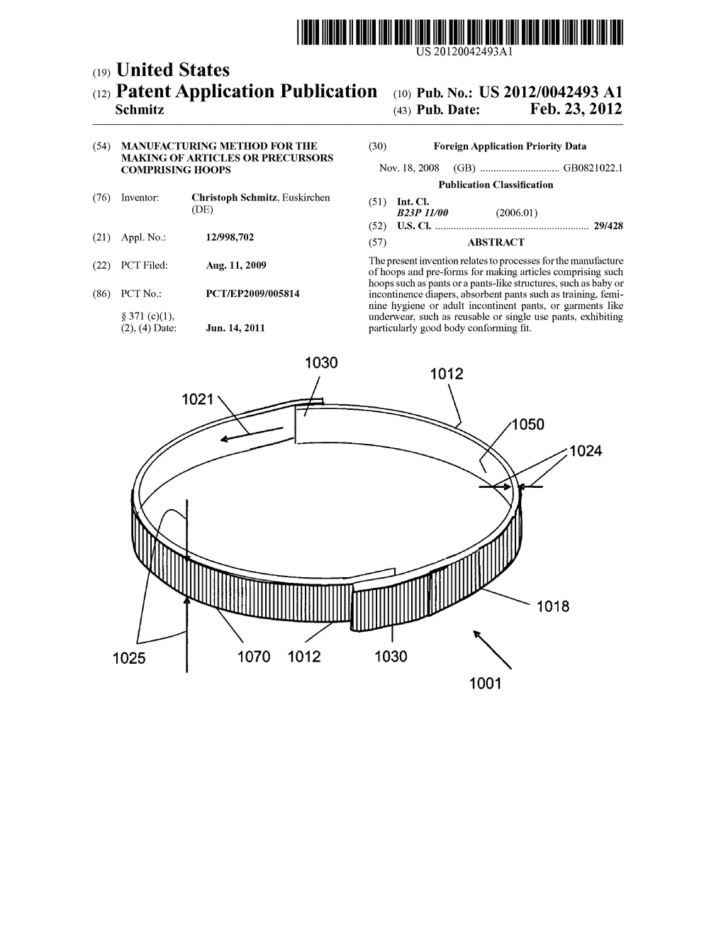 MANUFACTURING METHOD FOR THE MAKING OF ARTICLES OR PRECURSORS COMPRISING     HOOPS - diagram, schematic, and image 01