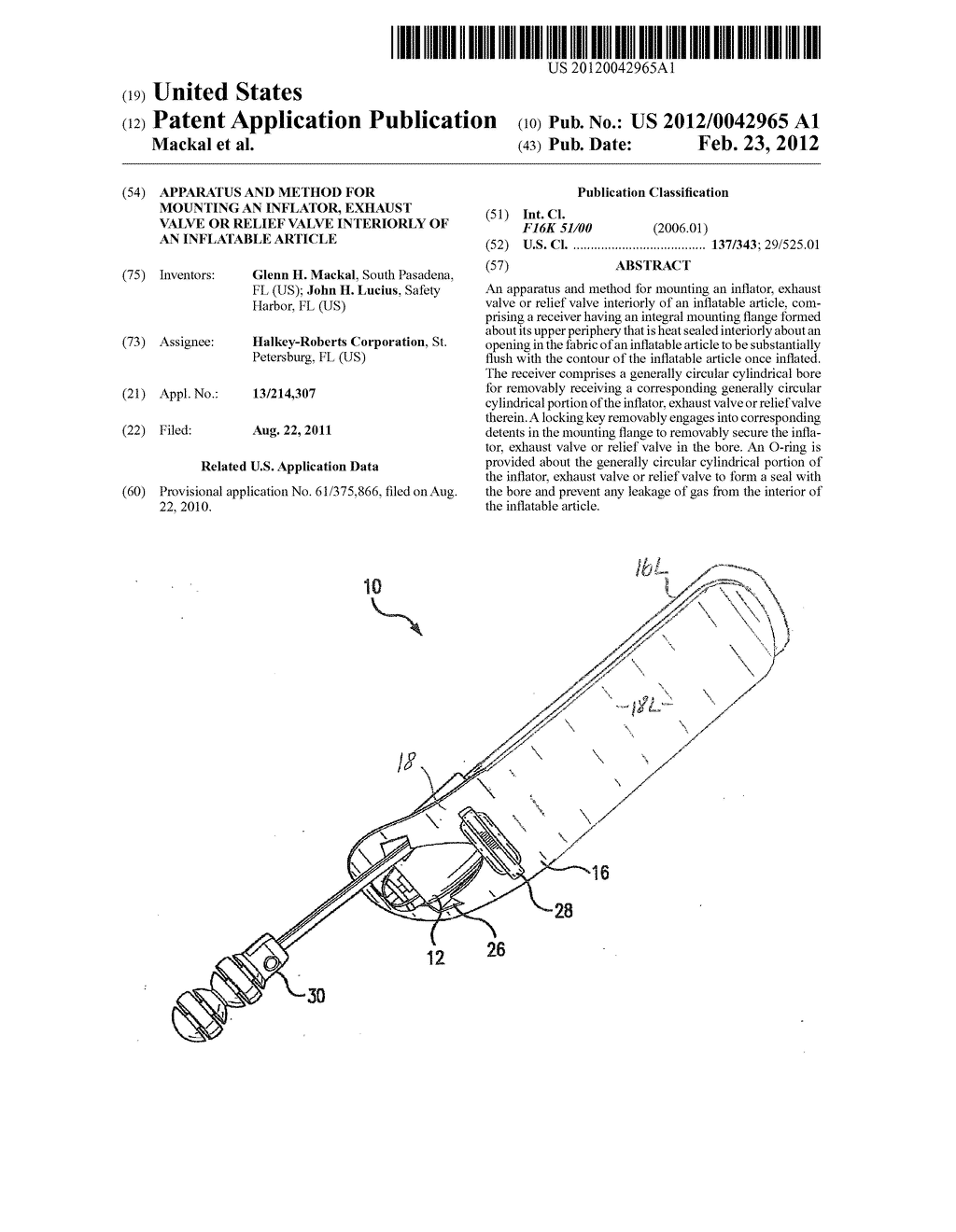 Apparatus and Method for Mounting an Inflator, Exhaust Valve or Relief     Valve Interiorly of an Inflatable Article - diagram, schematic, and image 01